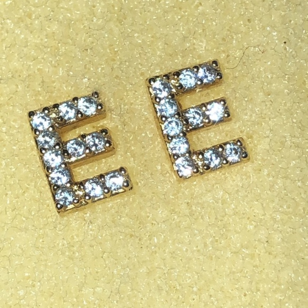 Gold Tone CZ Rhinestone Initial E Dainty Boho Stud Earrings